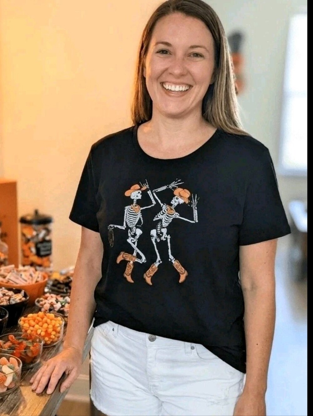 New Celebrate Womens XXL Black Halloween Cowboy Skeleton Shirt Short Sleeves